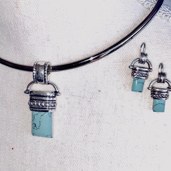 Boho Turquoise Stone Pendant Slide With Hook Turquoise Earrings Set Silver Tone - Picture 1 of 11